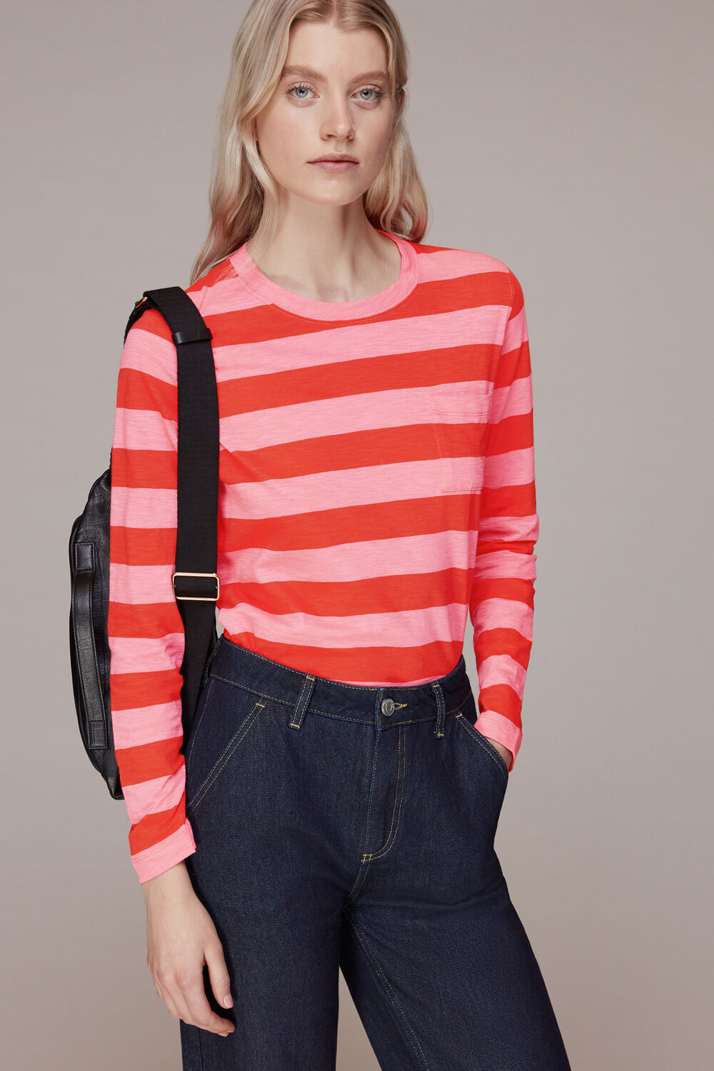 Crew Neck Stripe Pocket Top